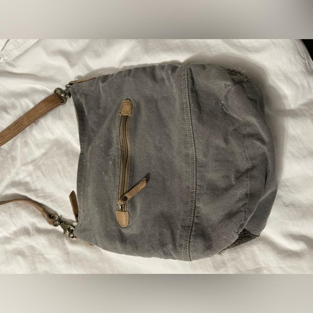 Gray Canvas and Leather Crossbody Bag with Tan Trim - Picture 2 of 14